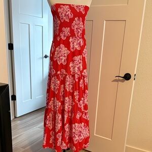 Floral Strapless Red Maxi Dress